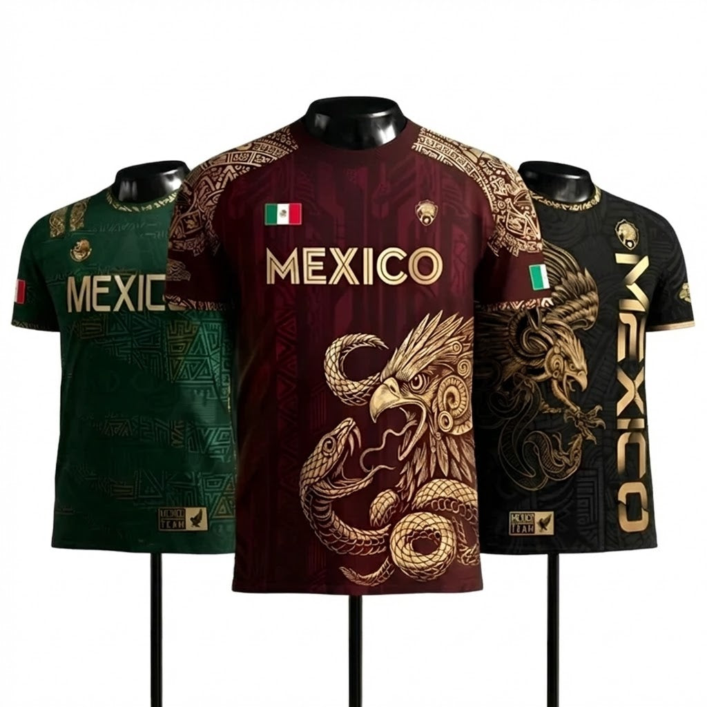 Mexico Aztec Heritage Soccer Jersey 3-Pack Bundle – Black Gold Eagle Warrior + Green Gold Heritage + Red Gold Eagle & Serpent