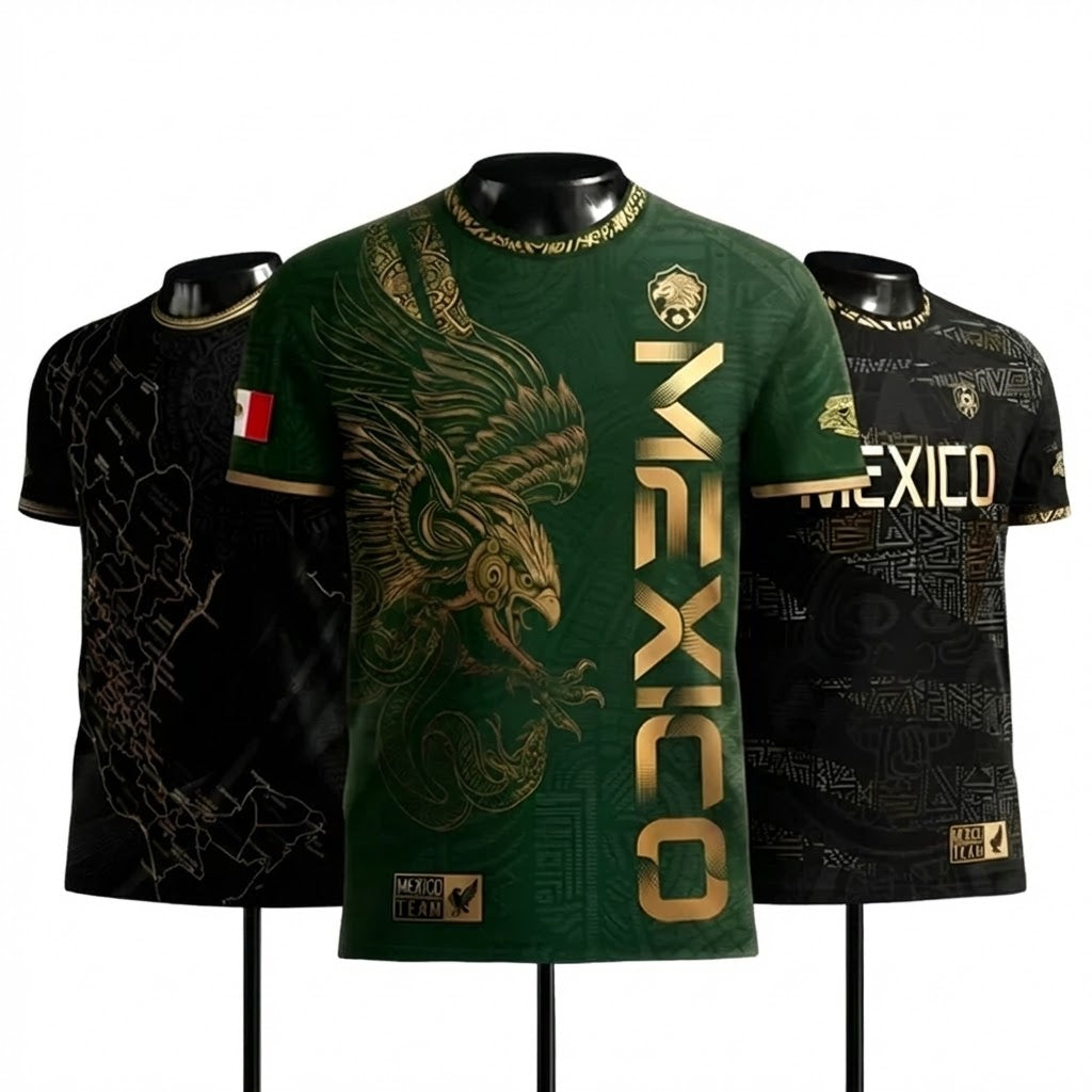 Mexico Aztec Heritage Soccer Jersey 3-Pack Bundle – Black Sunstone Map + Green Gold Eagle + Black Gold Eagle Crest