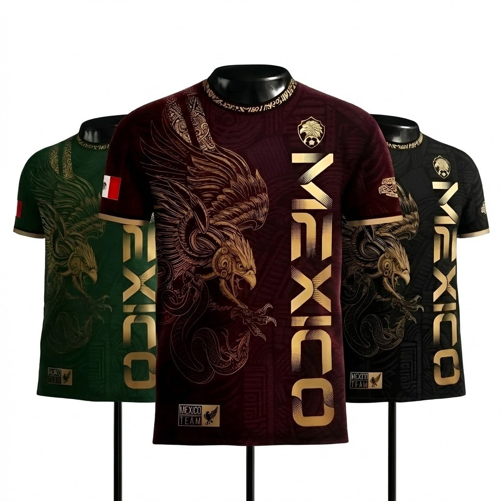 Mexico Aztec Gold Eagle Soccer Jersey 3-Pack Bundle – Black Gold Warrior + Green Gold Heritage + Burgundy Eagle Heritage