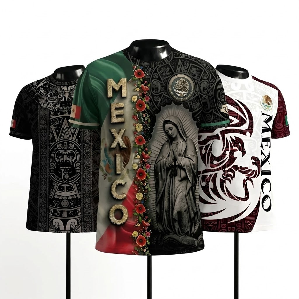 Mexico Heritage Shirt 3-Pack Bundle – Aztec Sun Stone Black Pattern + Aztec Pyramid Warrior Spirit + Guadalupe Floral Flag National Pride