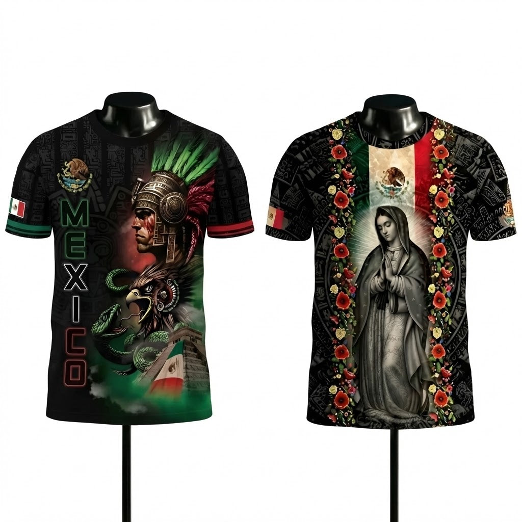 Mexico Heritage Pride Shirt 2-Pack Bundle – Guadalupe Aztec Floral Flag + Aztec Warrior Eagle Spirit