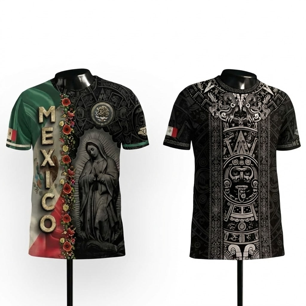 Mexico Heritage Shirt 2-Pack Bundle – Aztec Sun Stone Black Pattern + Guadalupe Floral Flag National Pride
