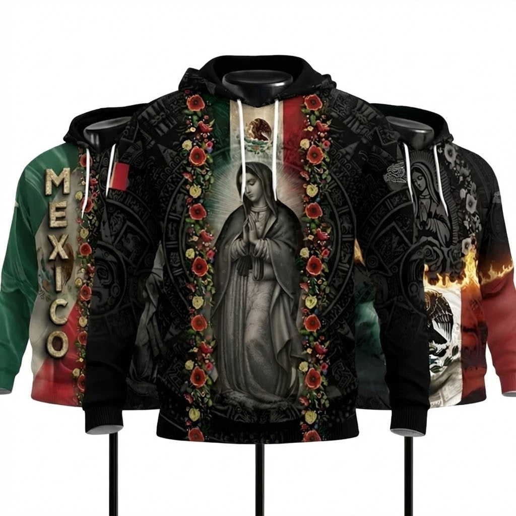 Virgin of Guadalupe Mexico Flag Aztec Faith Hoodie 3-Pack Bundle – Guadalupe Eagle Flame Warrior + Guadalupe Floral Heritage + Mexican Flag Aztec Faith