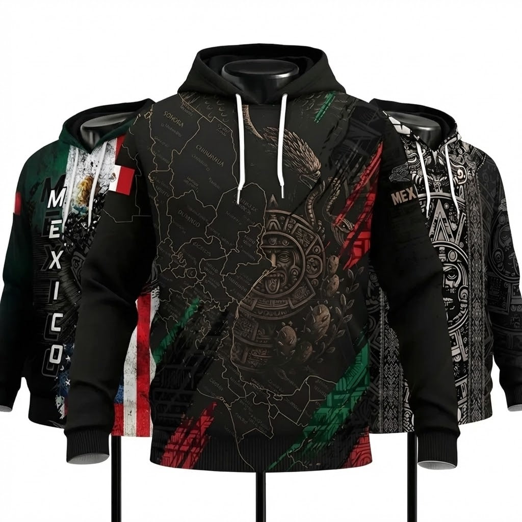 Mexico Aztec Heritage Hoodie 3-Pack Bundle – USA Flag Eagle Pride Unity + Mexico Map Sunstone Flag Warrior + Sunstone Calendar Ancient Symbol