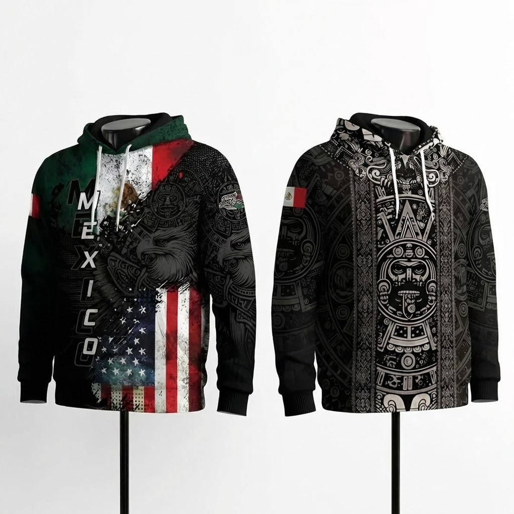 Mexico Aztec Heritage Hoodie 2-Pack Bundle – USA Flag Eagle Pride Unity + Sunstone Calendar Ancient Symbol Warrior