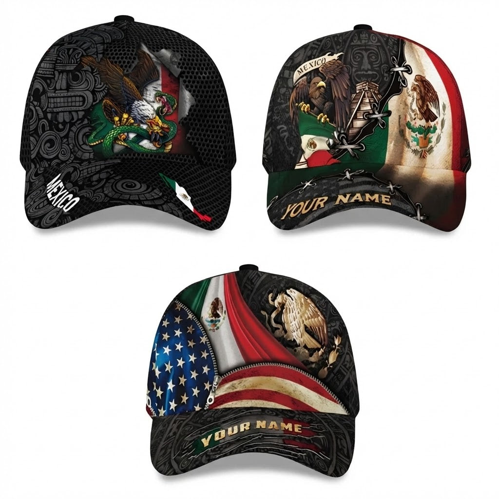 Custom Mexico Aztec Heritage Hat 3-Pack Bundle – Flag Eagle Aztec Map + Flag Eagle Serpent + Mexico USA Flag Eagle Roots Unity