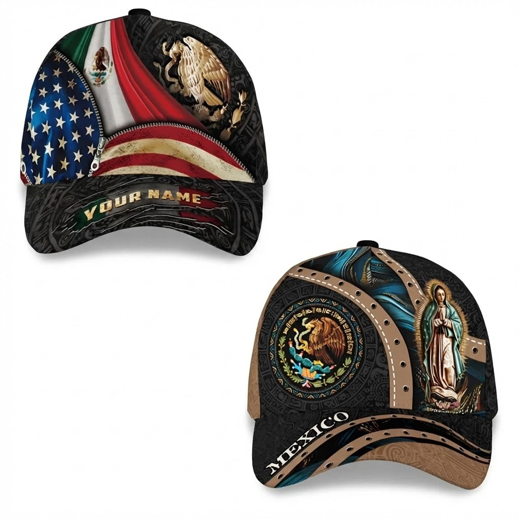 Custom Mexico Heritage Pride Hat 2-Pack Bundle – USA Flag Eagle Roots Unity + Guadalupe Virgin Mary Eagle Aztec Faith
