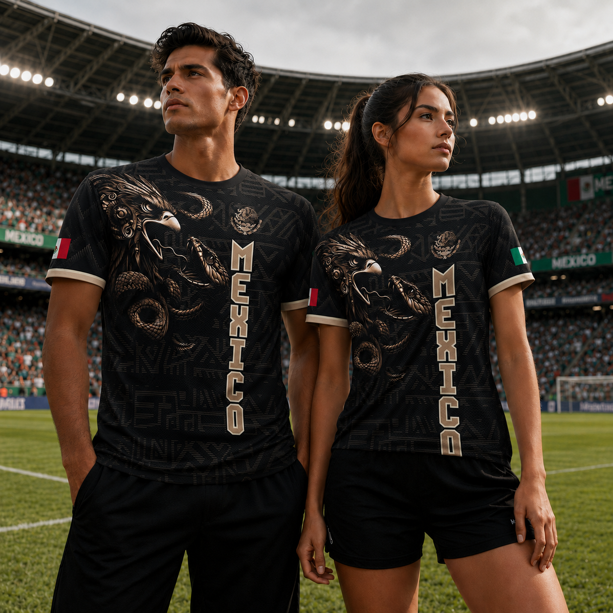 Camiseta de fútbol de México con diseño de águila y serpiente, color negro y dorado