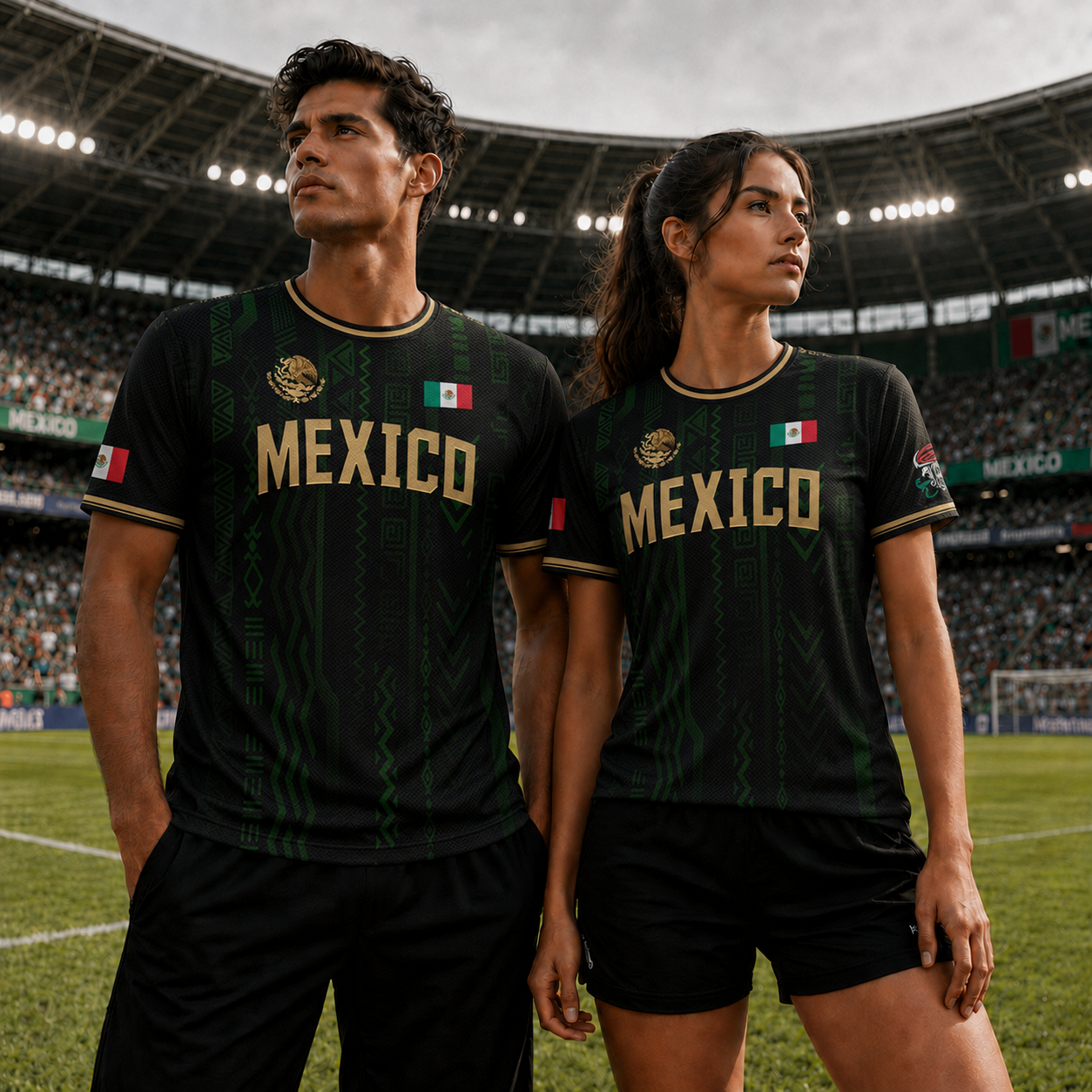 Camiseta de fútbol de México con diseño azteca negro y dorado