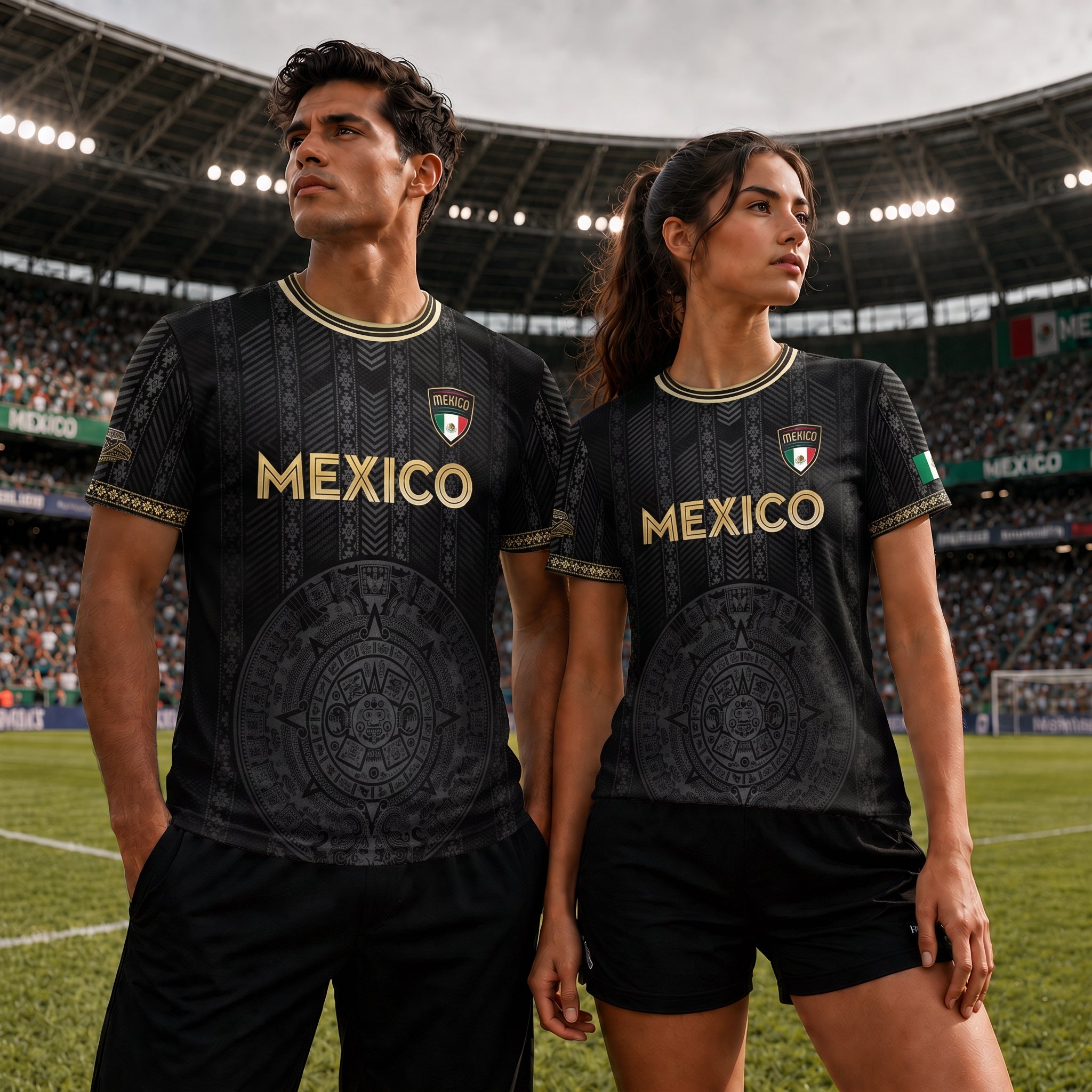 Mexico Soccer Jersey Black Gold Aztec Calendar Design For Men, For Women