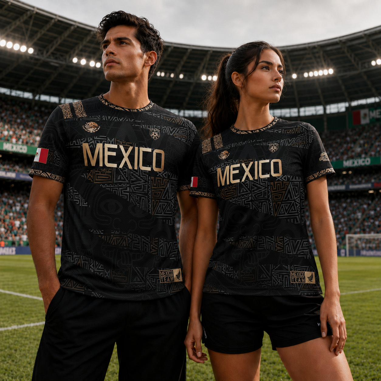 Mexico Black Gold Aztec Heritage Soccer Jersey with Eagle Crest Design For Men, For Women