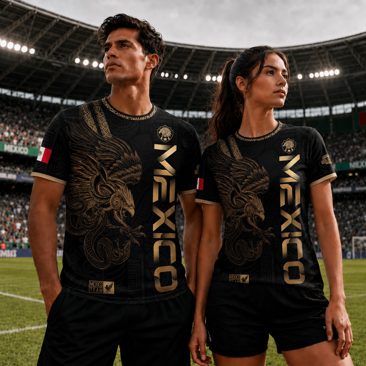 Camiseta de fútbol de la herencia del guerrero azteca del águila dorada negra de México