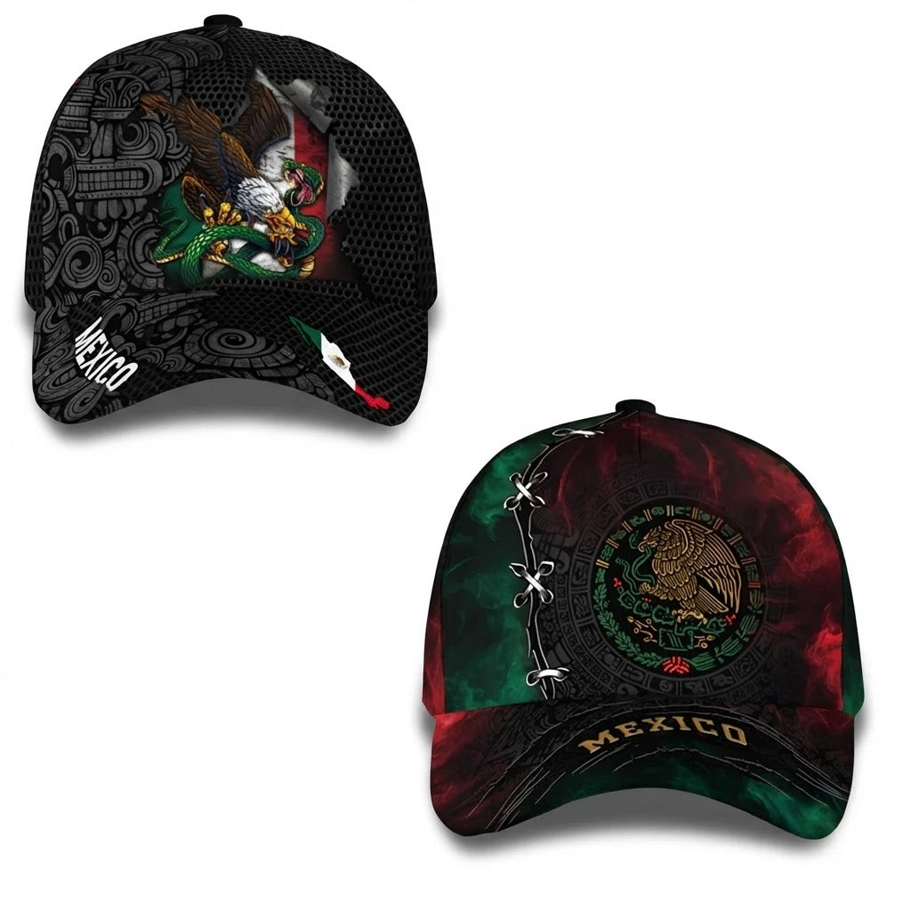 Mexico Aztec Heritage Hat 2-Pack Bundle – Flag Eagle Serpent + Flag Eagle Calendar Pride Roots