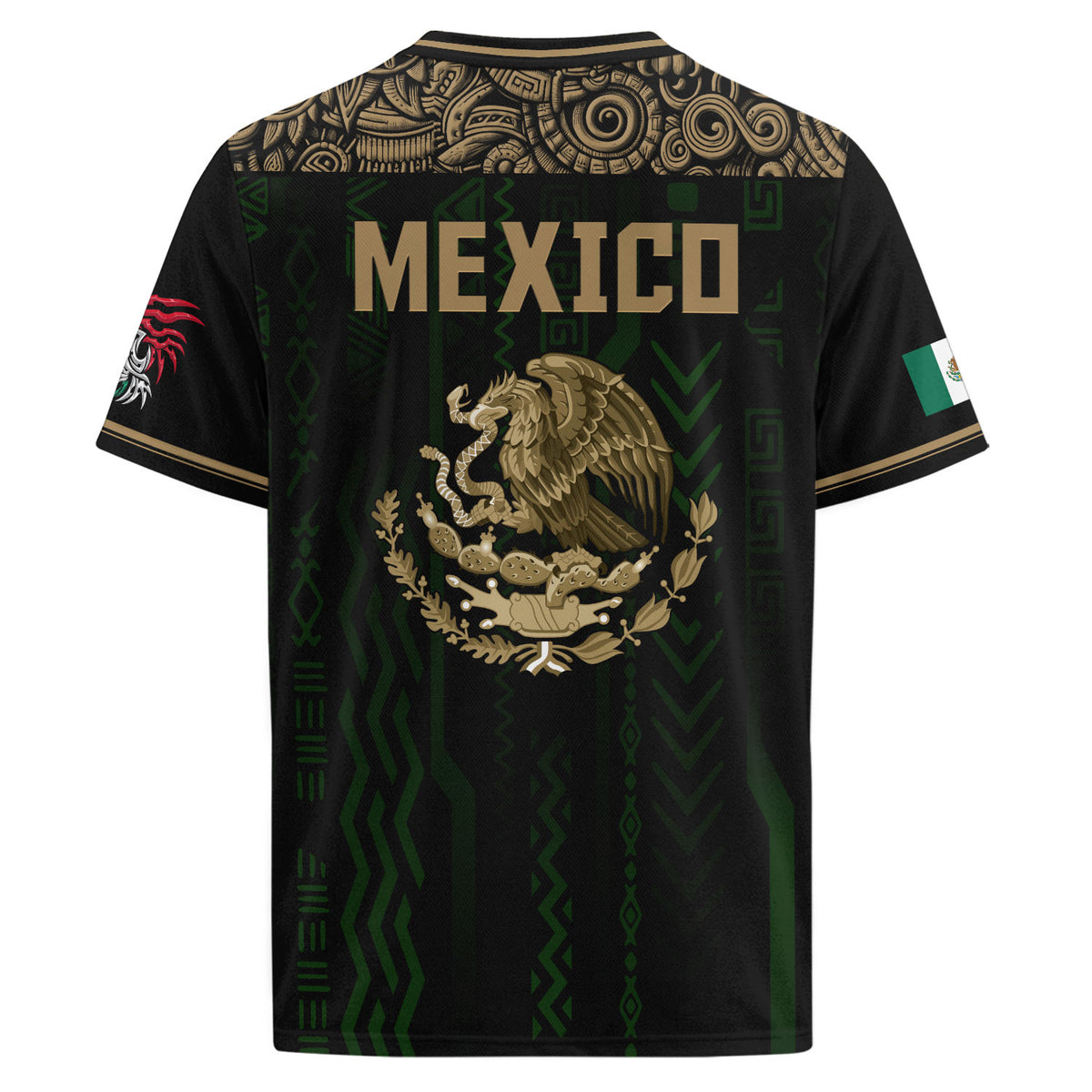Camiseta de fútbol de México con diseño azteca negro y dorado