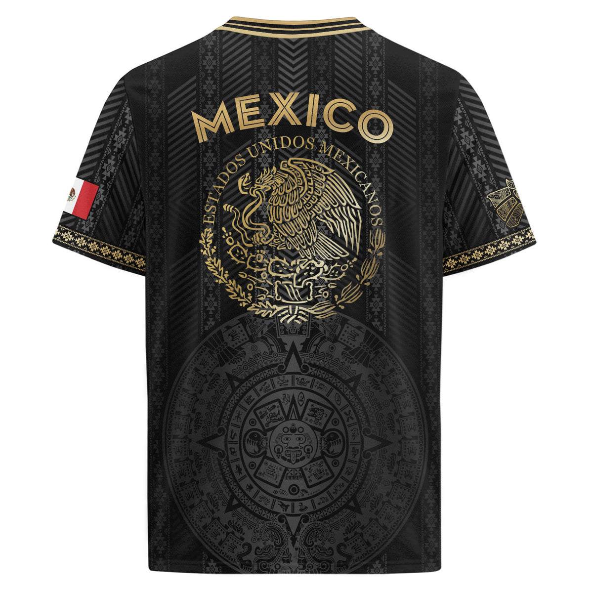 Camiseta de fútbol de México con diseño de calendario azteca, color negro y dorado
