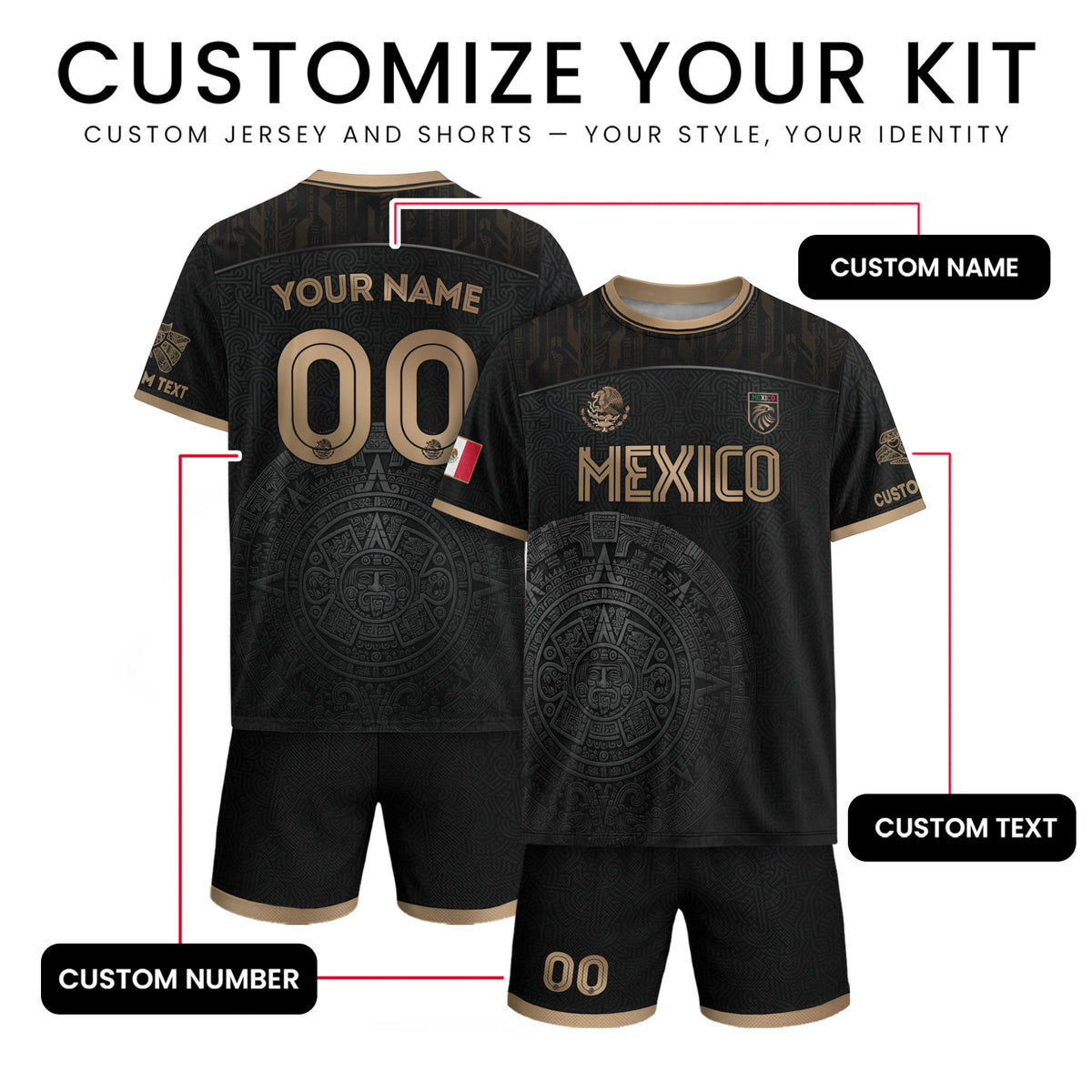 Camiseta de fútbol personalizada de México, edición dorada, calendario azteca negro