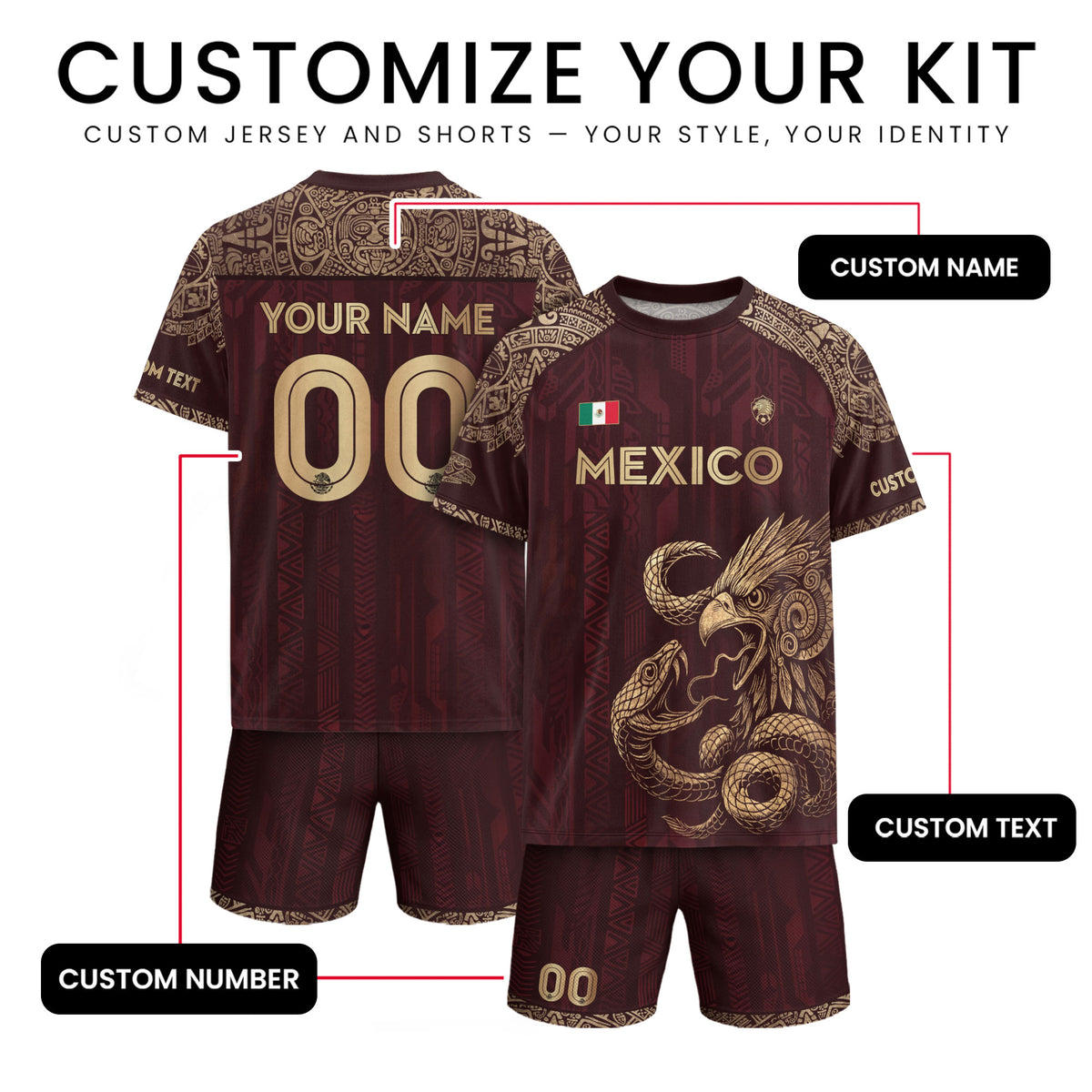 Camiseta de fútbol personalizada de México, color burdeos, águila y serpiente dorada