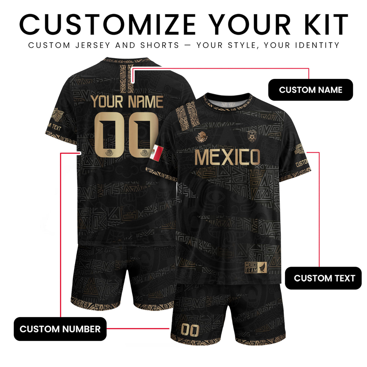 Custom Mexico Soccer Jersey Black Gold Aztec Design