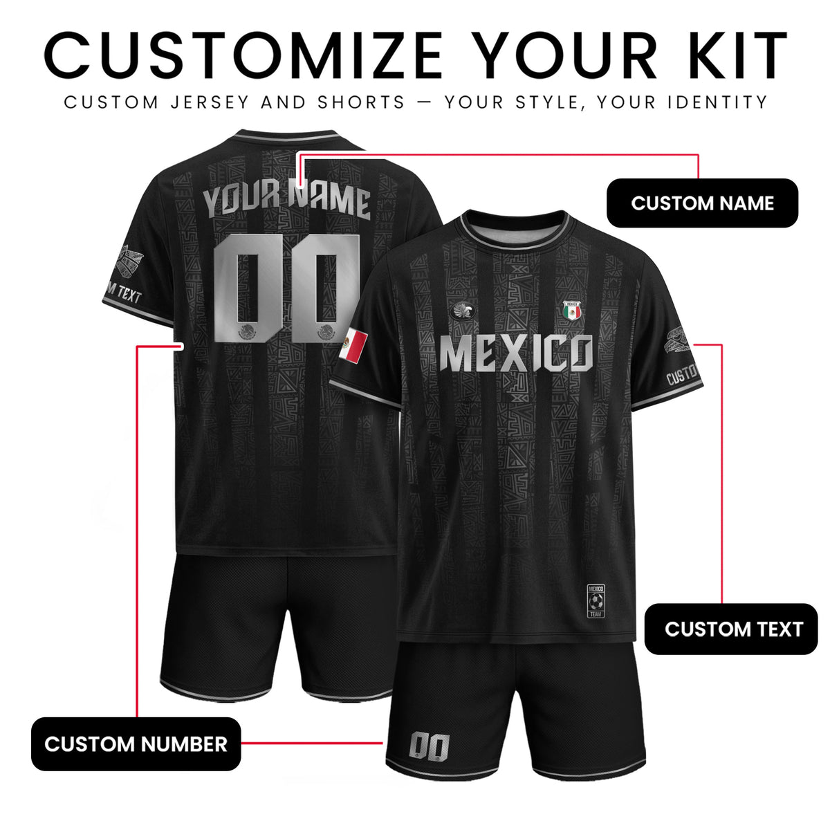 Custom Mexico Black Silver Aztec Pattern Soccer Jersey