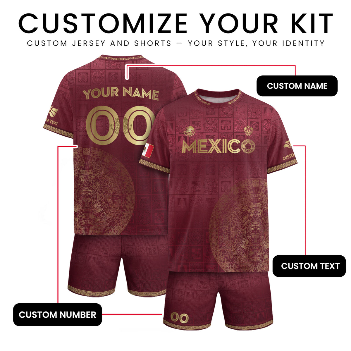Camiseta de fútbol personalizada del calendario azteca dorado granate de México