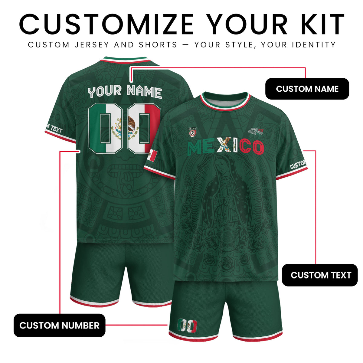 Custom Mexico Green Virgin of Guadalupe Soccer Jersey