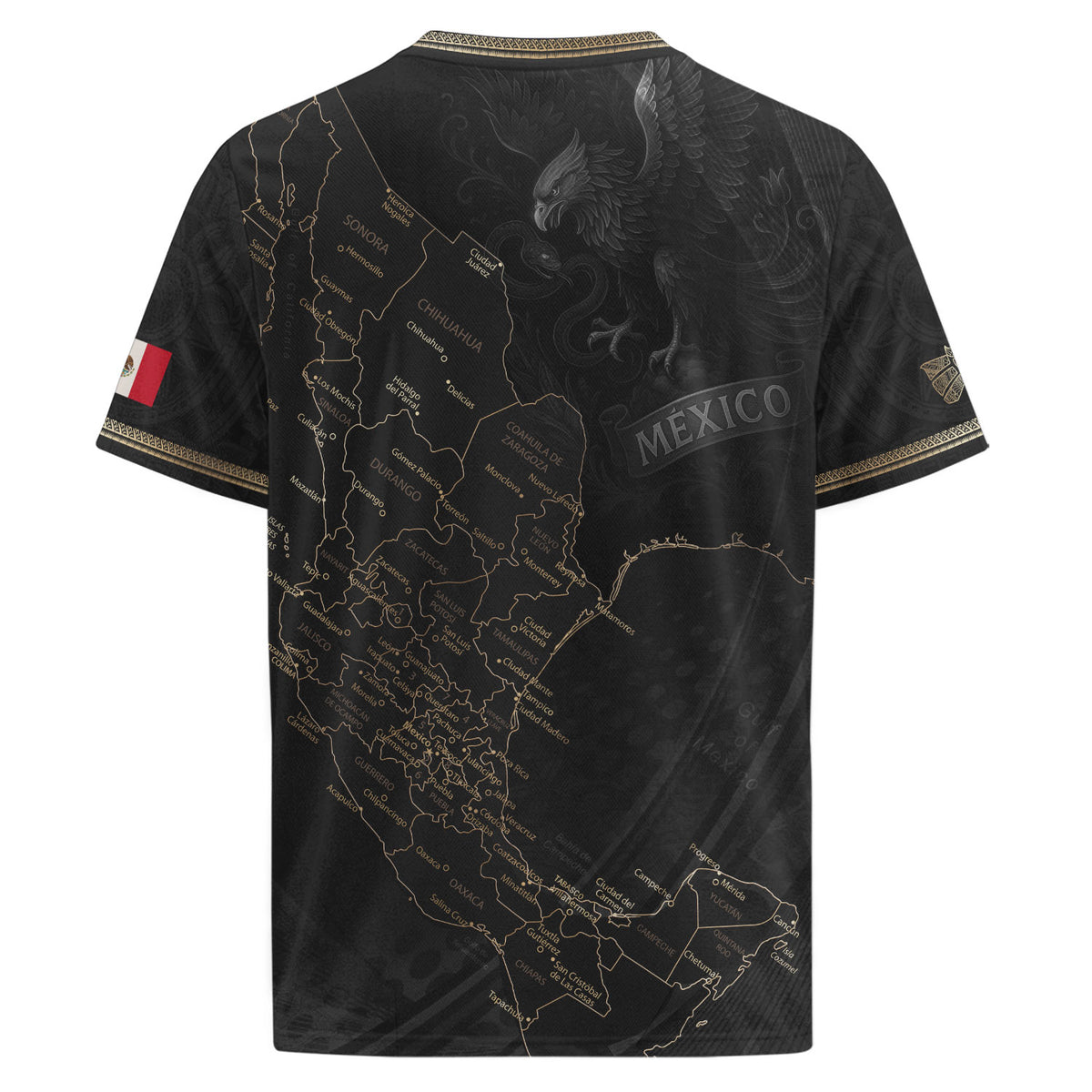 Camiseta de fútbol de México con diseño de mapa patrimonial de piedra solar azteca negra