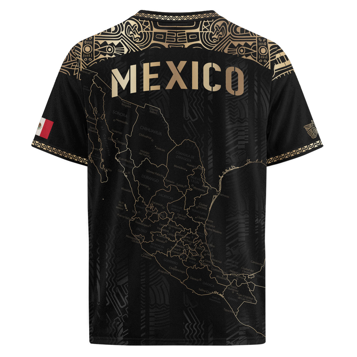 Camiseta de fútbol con el mapa de la herencia de México en negro y detalles aztecas dorados