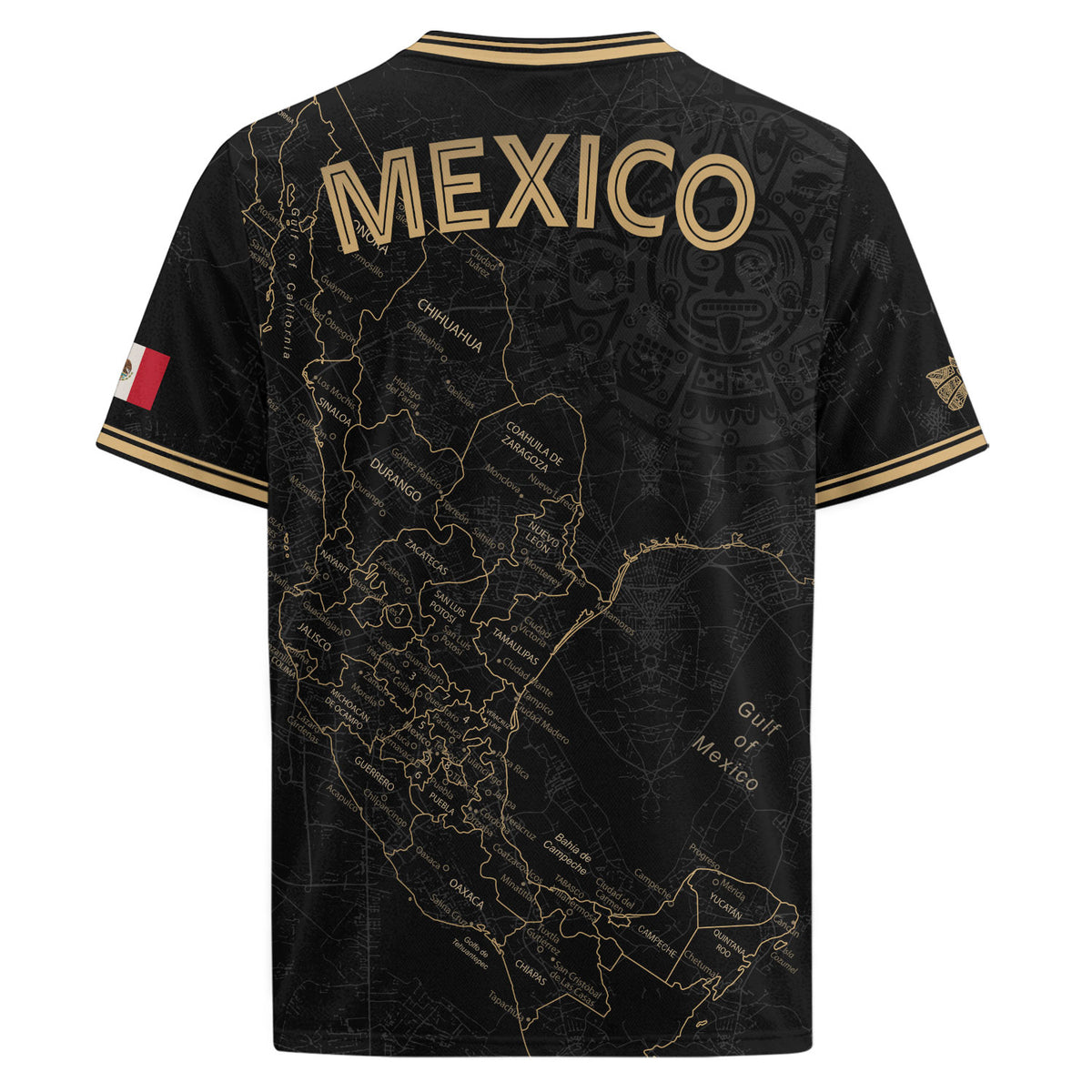 Camiseta de fútbol con el mapa de la herencia de México en negro y detalles aztecas dorados