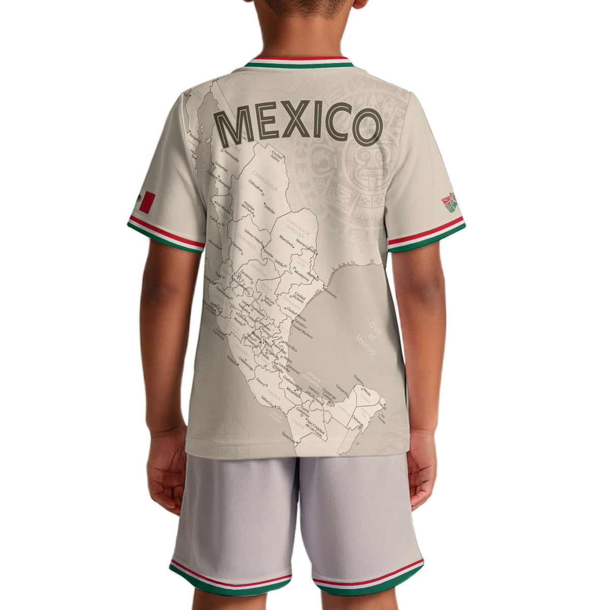 Camiseta de fútbol infantil de México con diseño azteca y mapa beige