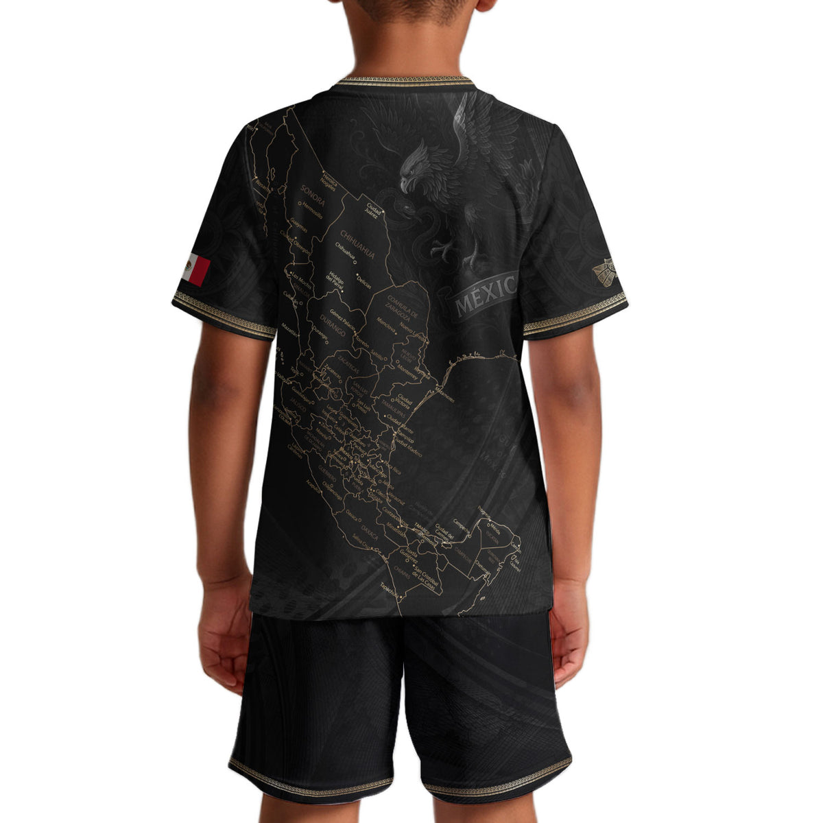 Mexico Kids Soccer Jersey Black Gold Map Aztec Pattern