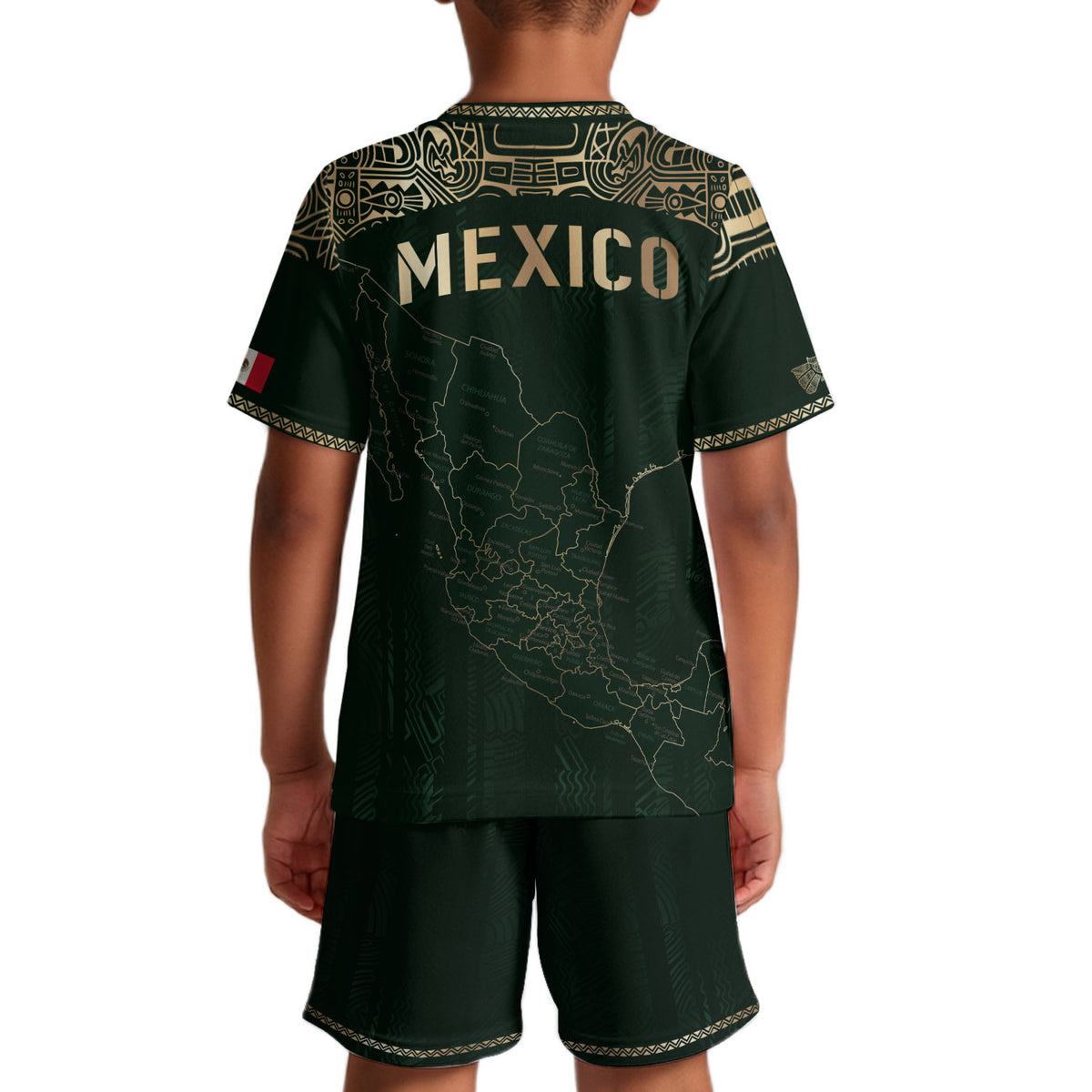 Camiseta de fútbol infantil de México con diseño azteca, color verde y dorado