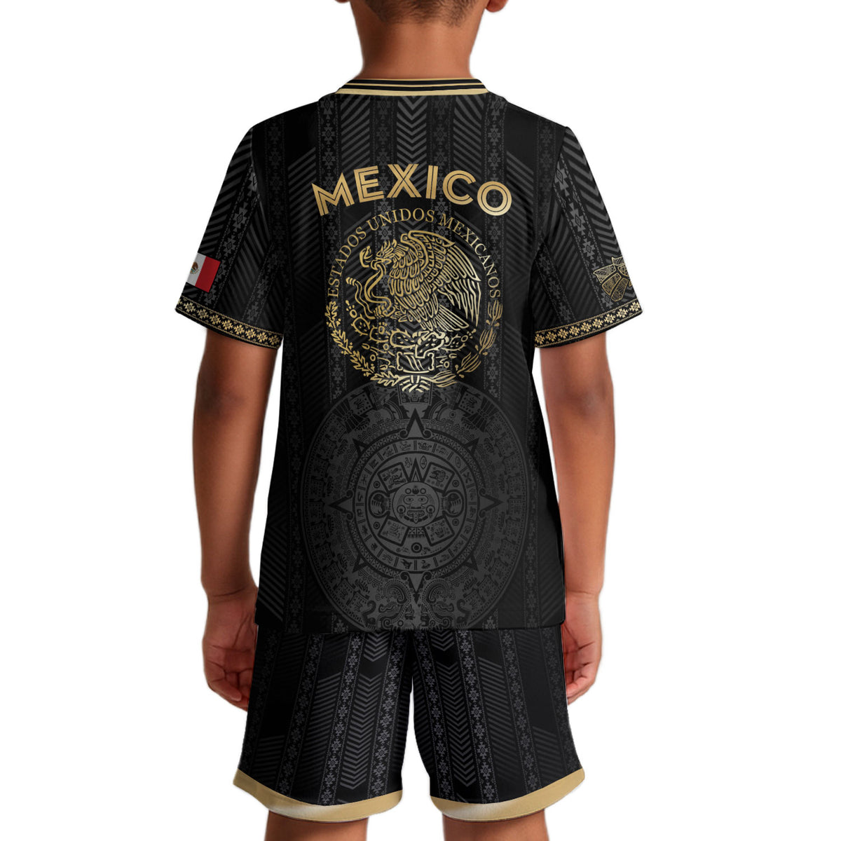 Camiseta de fútbol infantil de México, diseño de calendario azteca, color negro y dorado