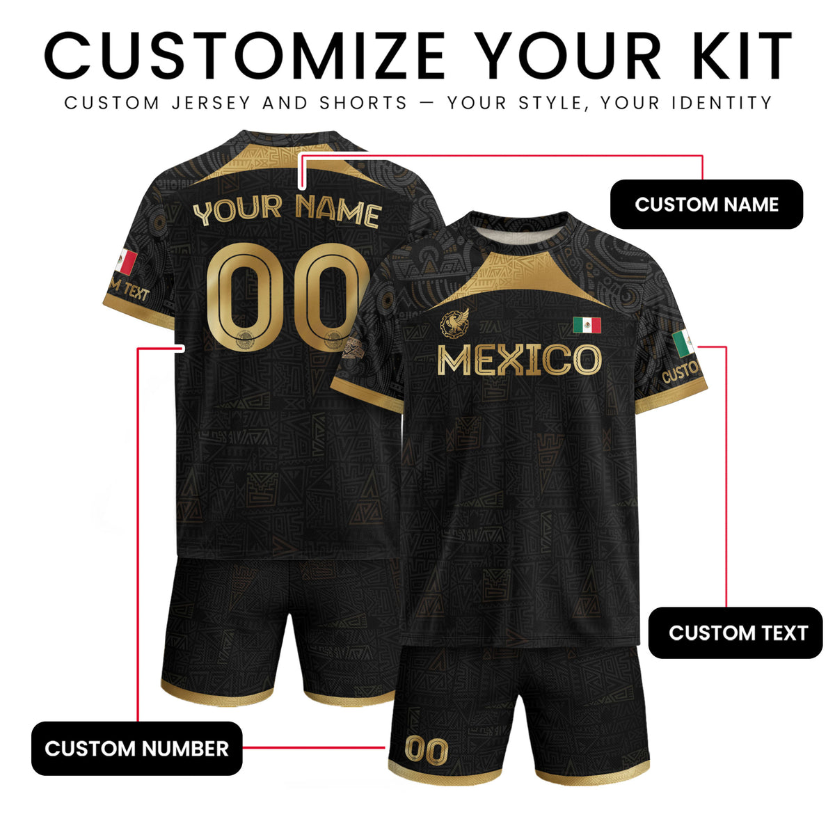 Custom Mexico Black Gold Soccer Jersey with Aztec Warrior Pattern