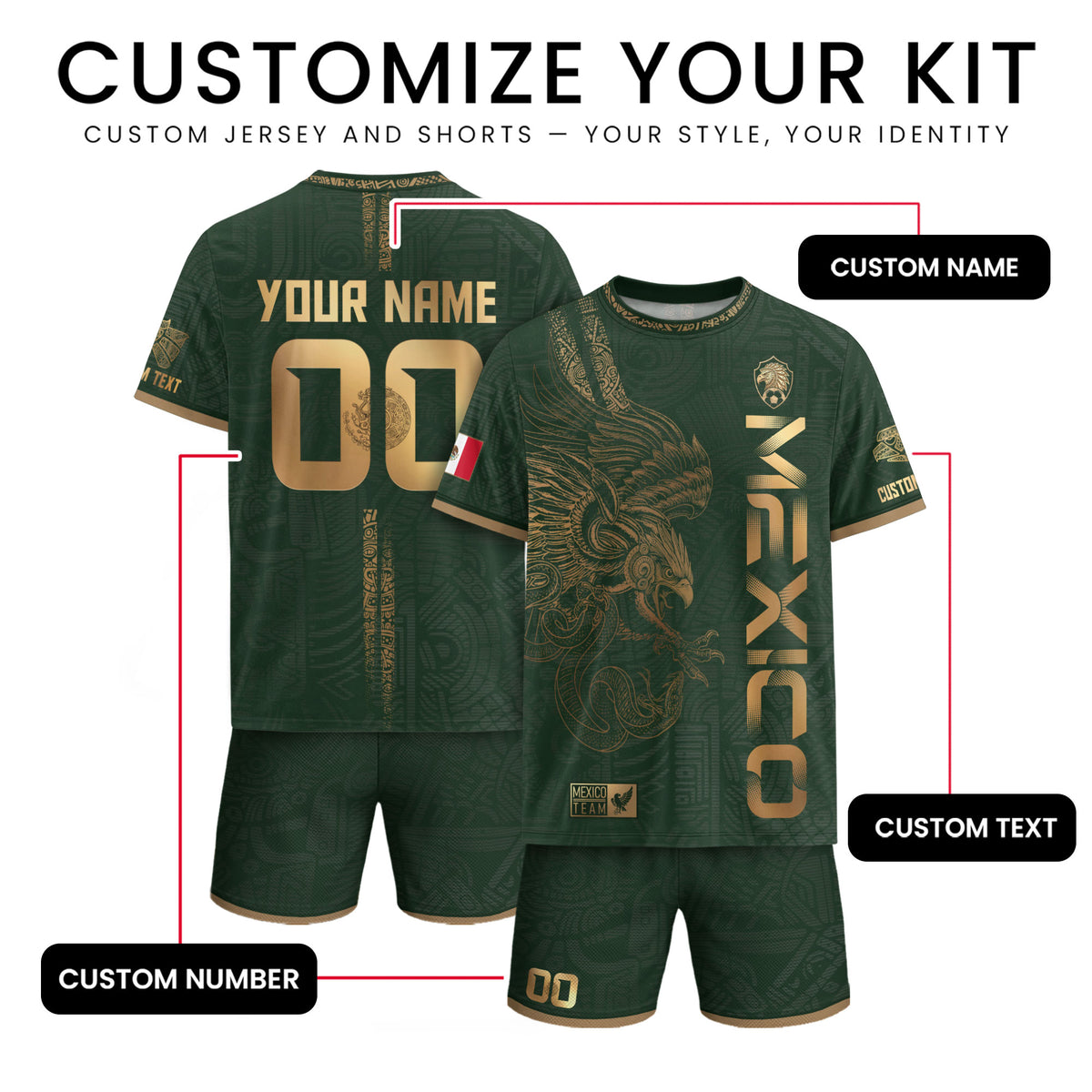 Camiseta de fútbol verde y dorado personalizada de México con diseño de águila y serpiente azteca