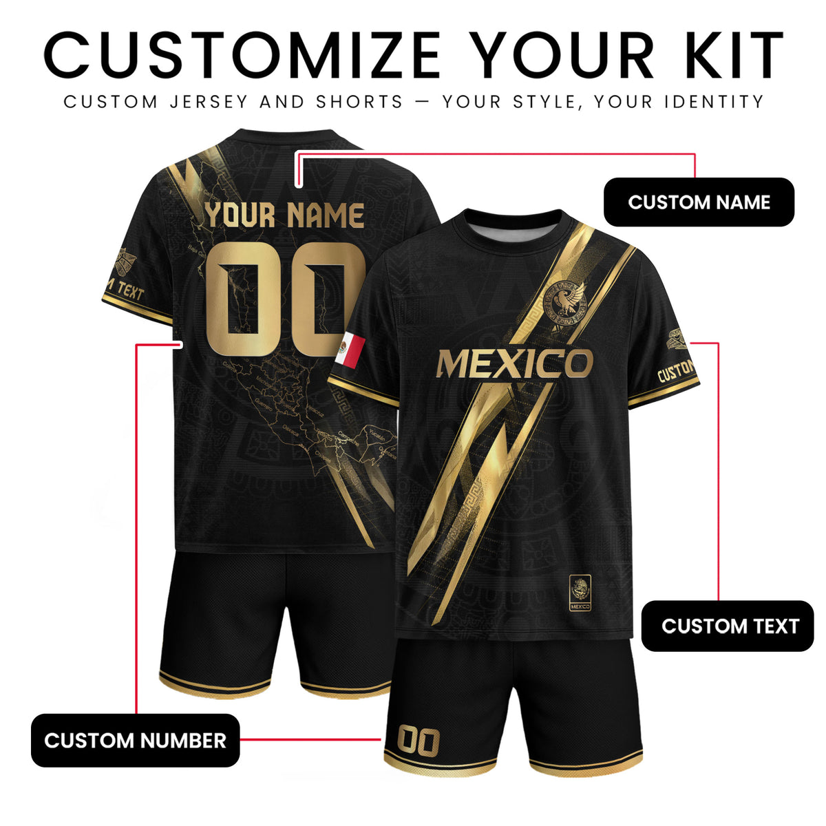 Camiseta de fútbol personalizada de México en negro y dorado con diseño de rayas del mapa de la herencia