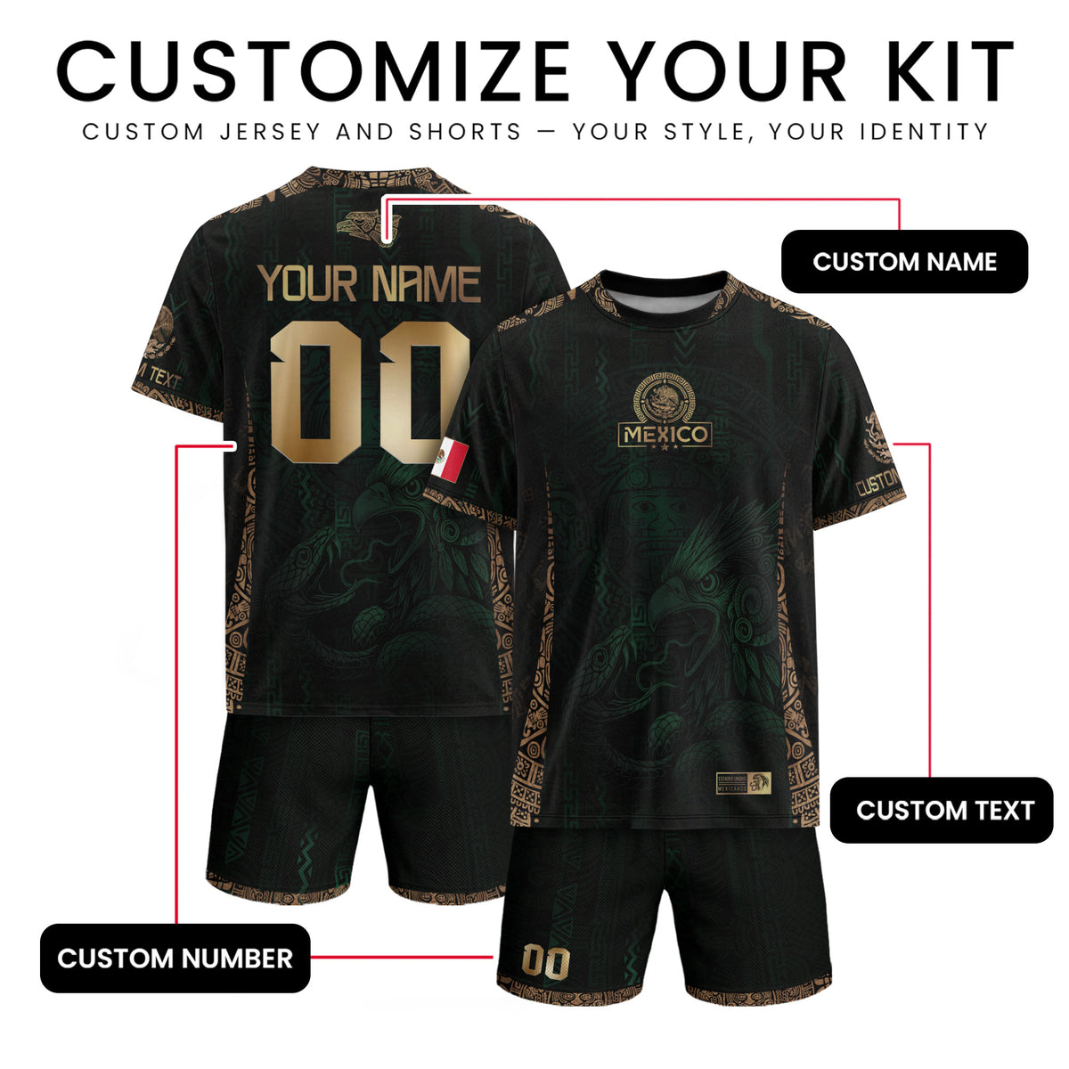 Camiseta de fútbol personalizada de México, color verde y dorado, con diseño de águila azteca.