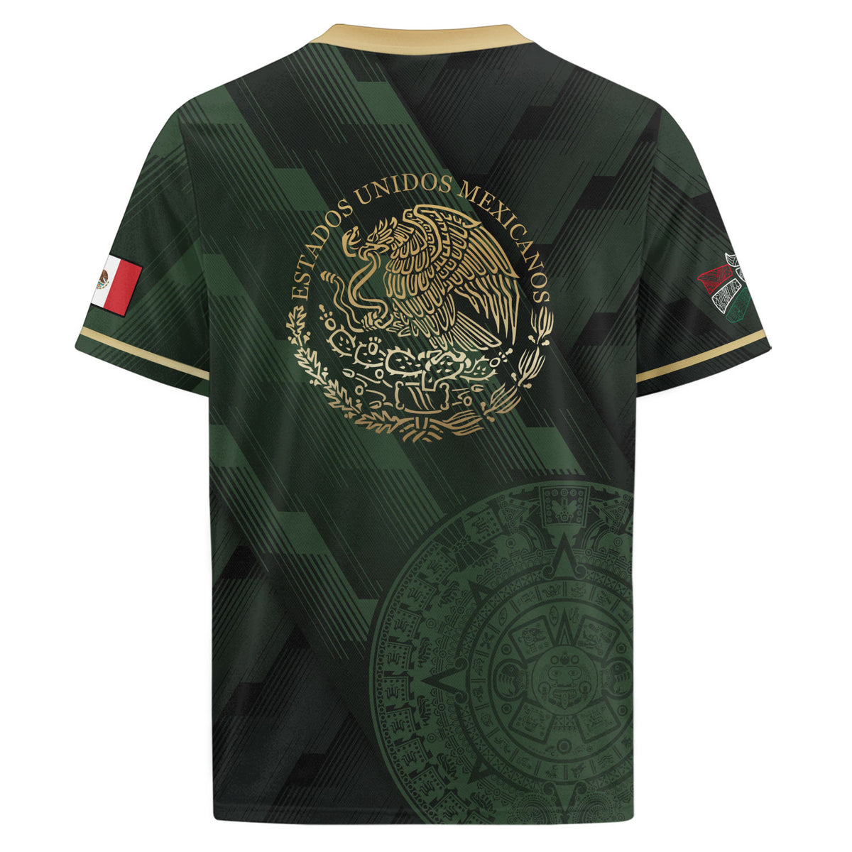Camiseta de fútbol verde de México con diseño de piedra solar azteca dorada