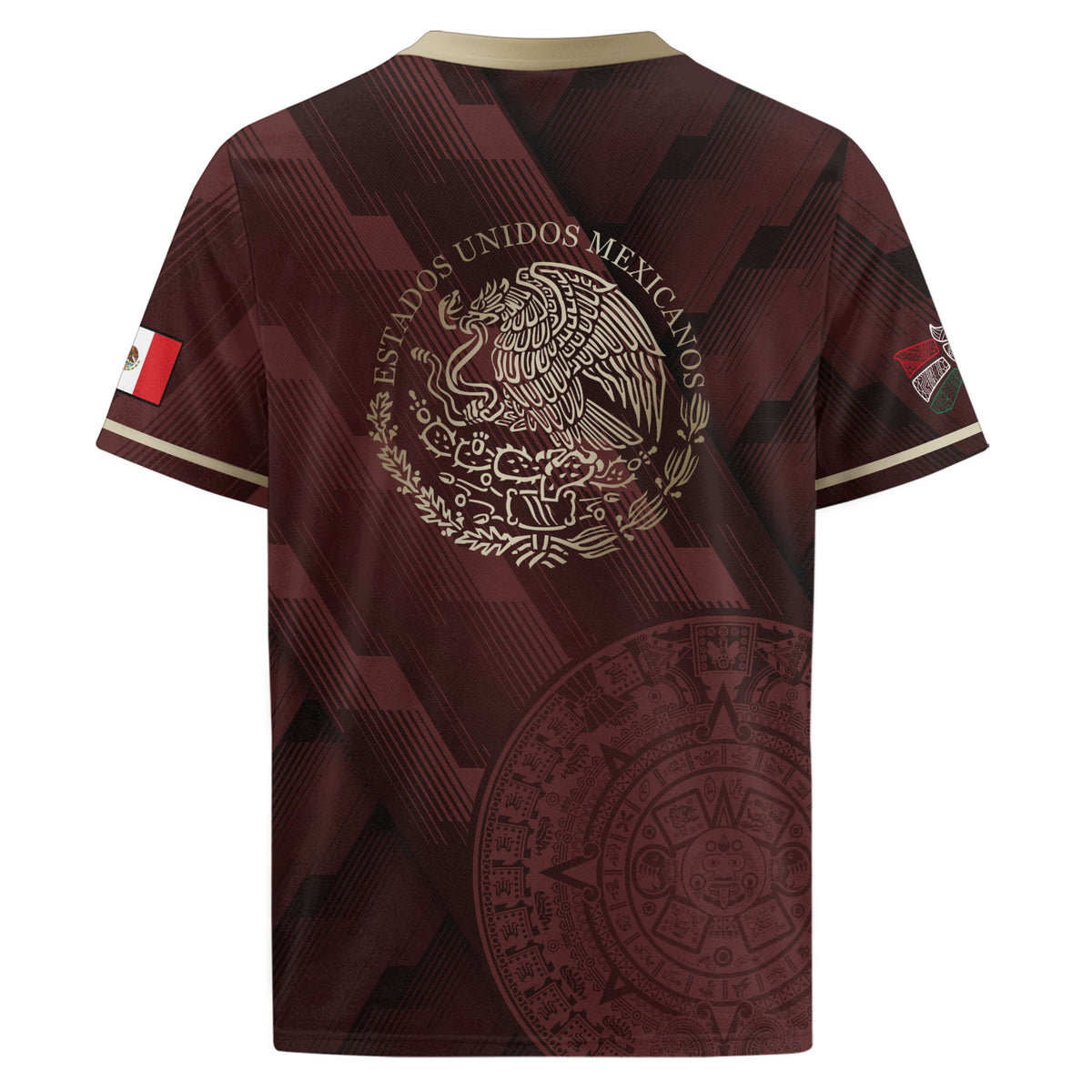 Camiseta de fútbol de México color burdeos con piedra solar azteca dorada y escudo del águila