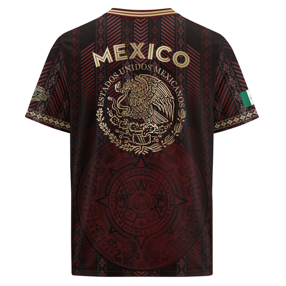 Camiseta de fútbol de México color burdeos con calendario azteca dorado y escudo del águila