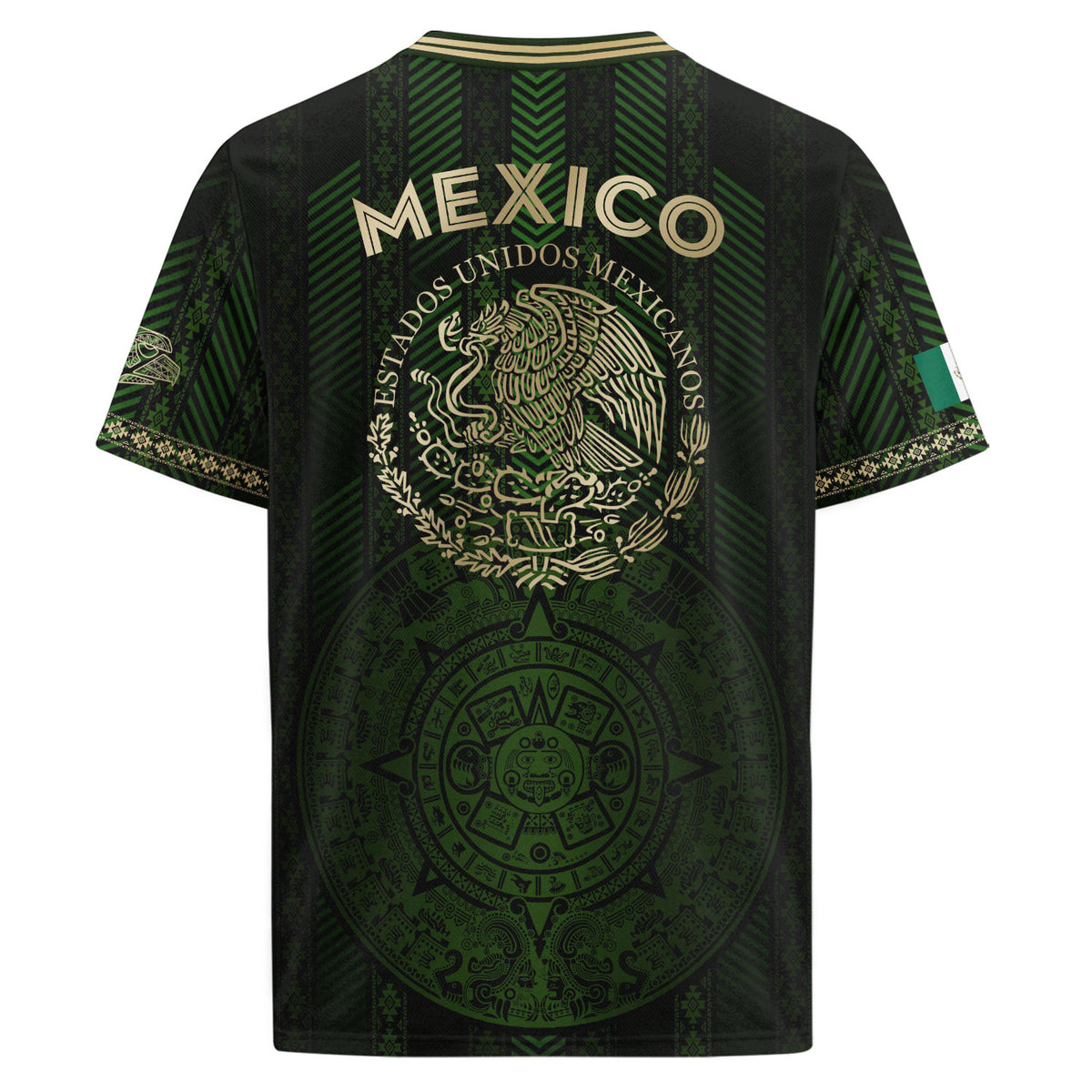 Camiseta de fútbol verde de México con calendario azteca dorado y escudo del águila
