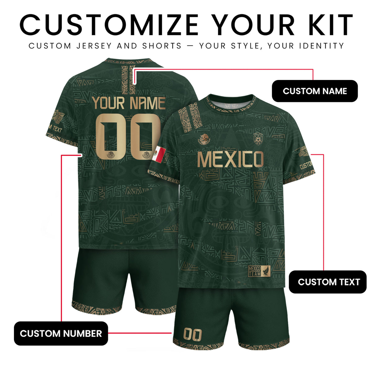 Custom Mexico Green Gold Aztec Pattern Soccer Jersey