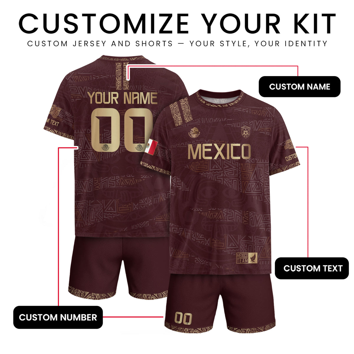 Camiseta de fútbol personalizada de México con herencia azteca, color granate y dorado