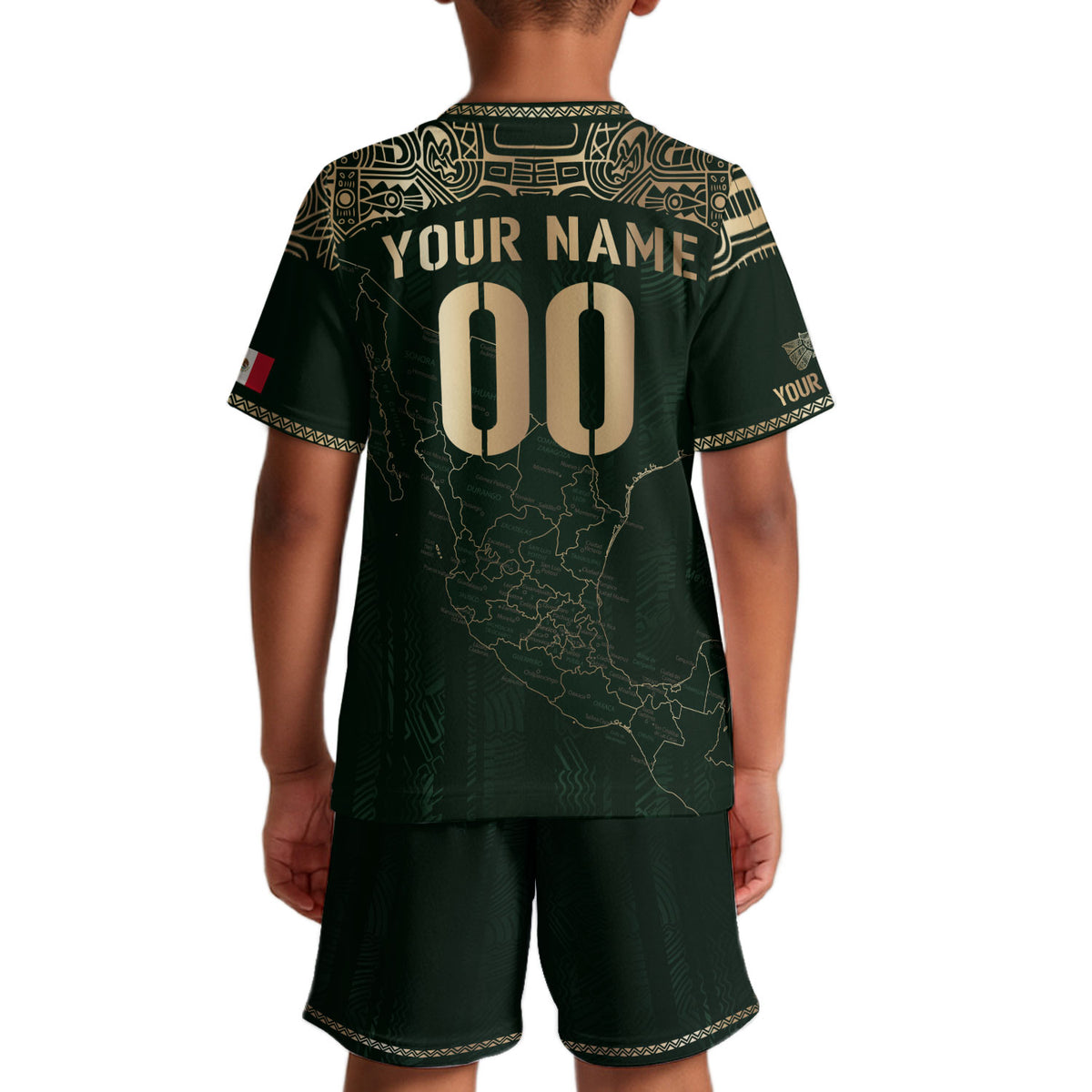 Custom Mexico Kids Soccer Jersey Green Gold Heritage Map Design