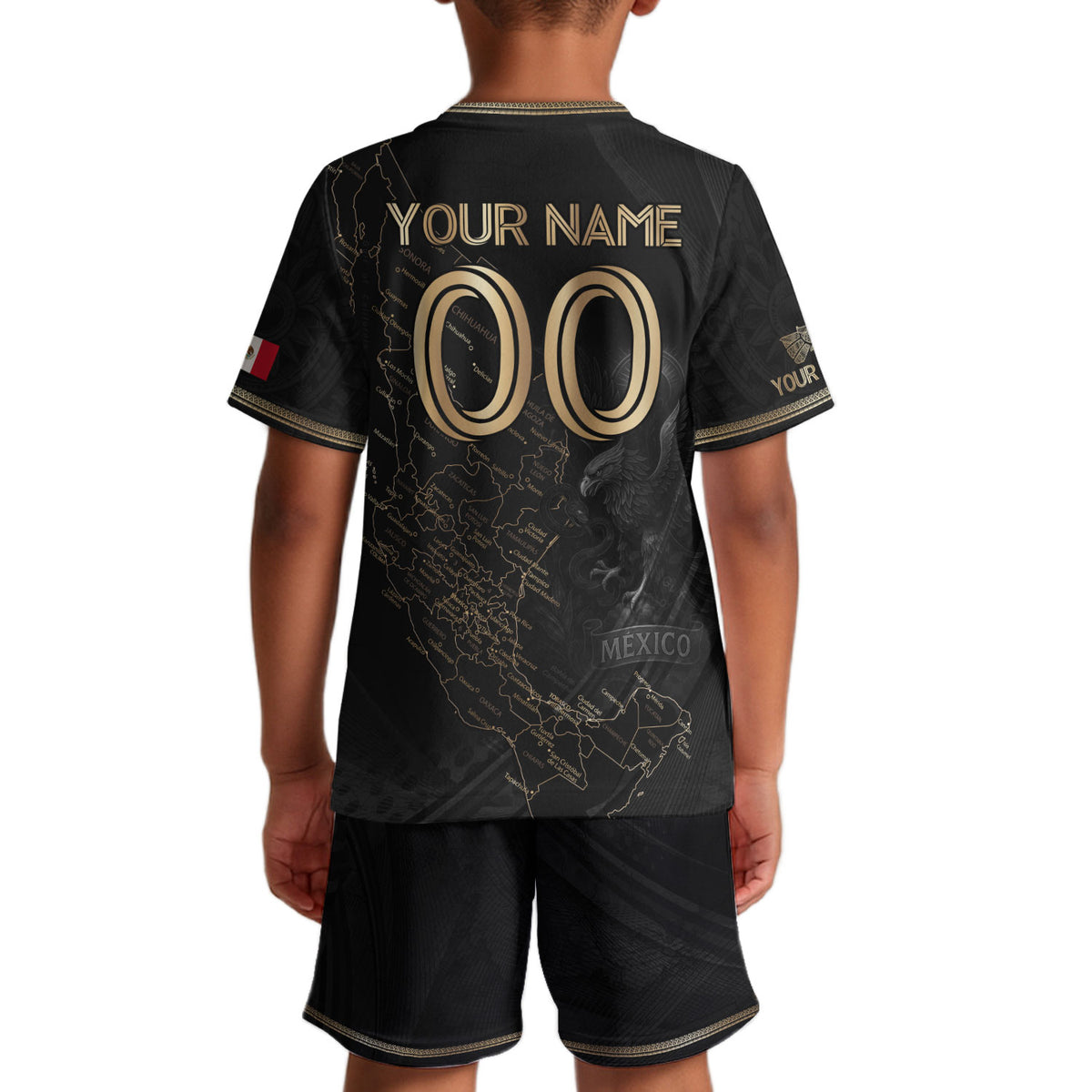 Custom Mexico Kids Soccer Jersey Black Gold Heritage Map Design