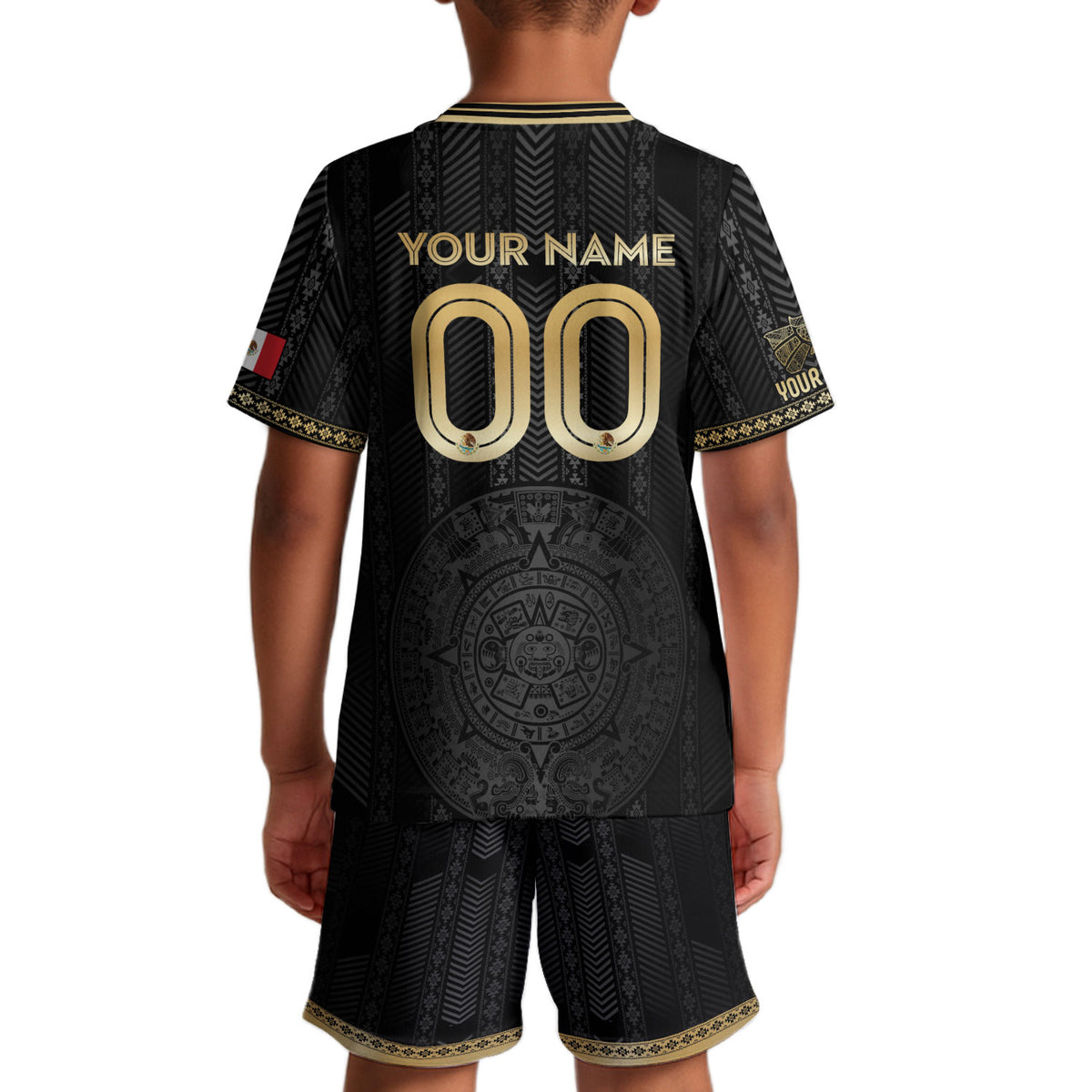 Custom Mexico Kids Soccer Jersey Black Gold Aztec Calendar Design