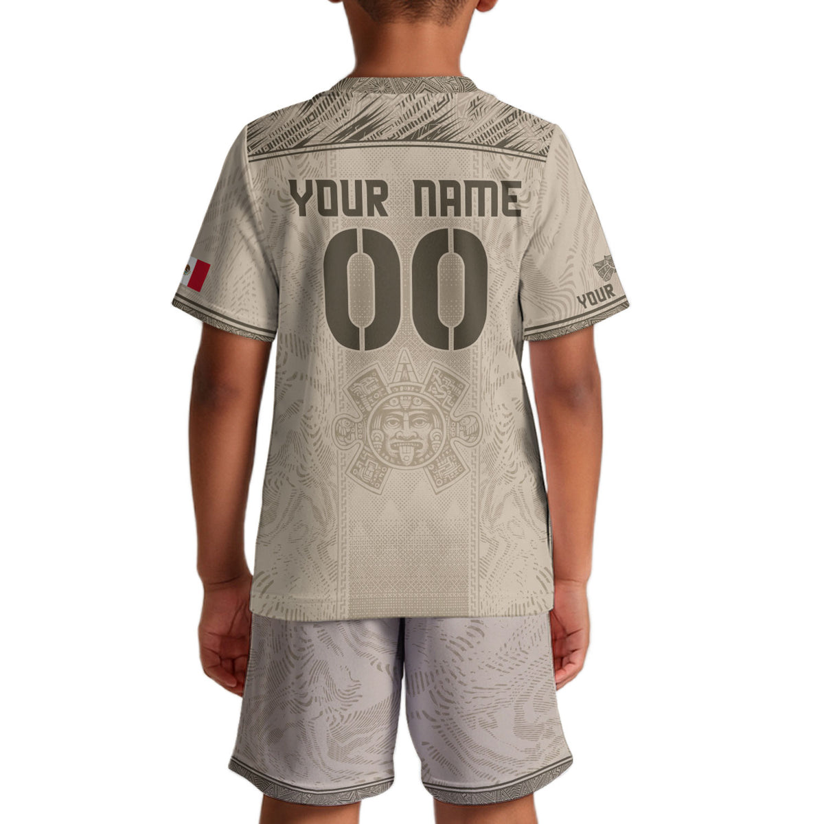Camiseta de fútbol de México para niños personalizada con diseño de águila azteca beige