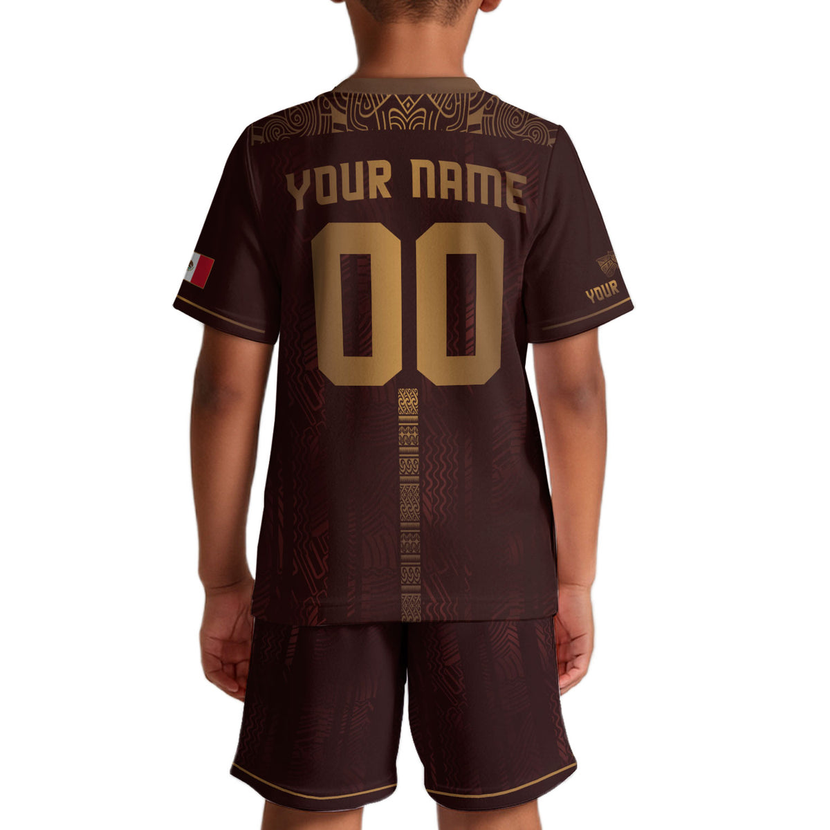 Camiseta de fútbol de México para niños personalizada, diseño de herencia azteca granate