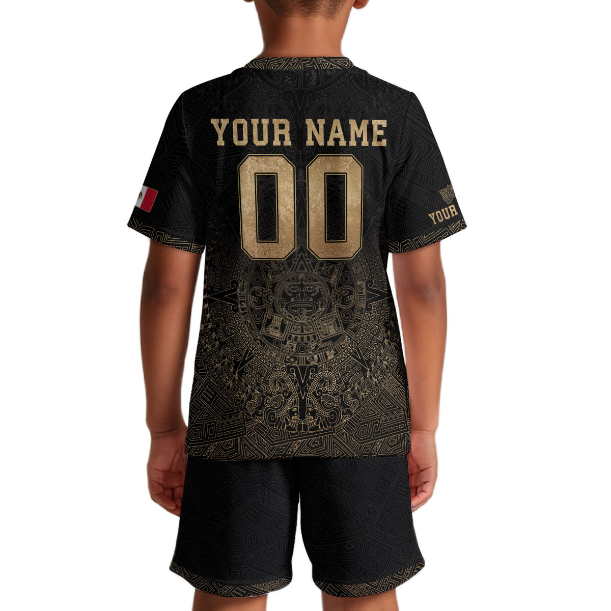 Camiseta de fútbol de México para niños personalizada, diseño de templo azteca negro y dorado