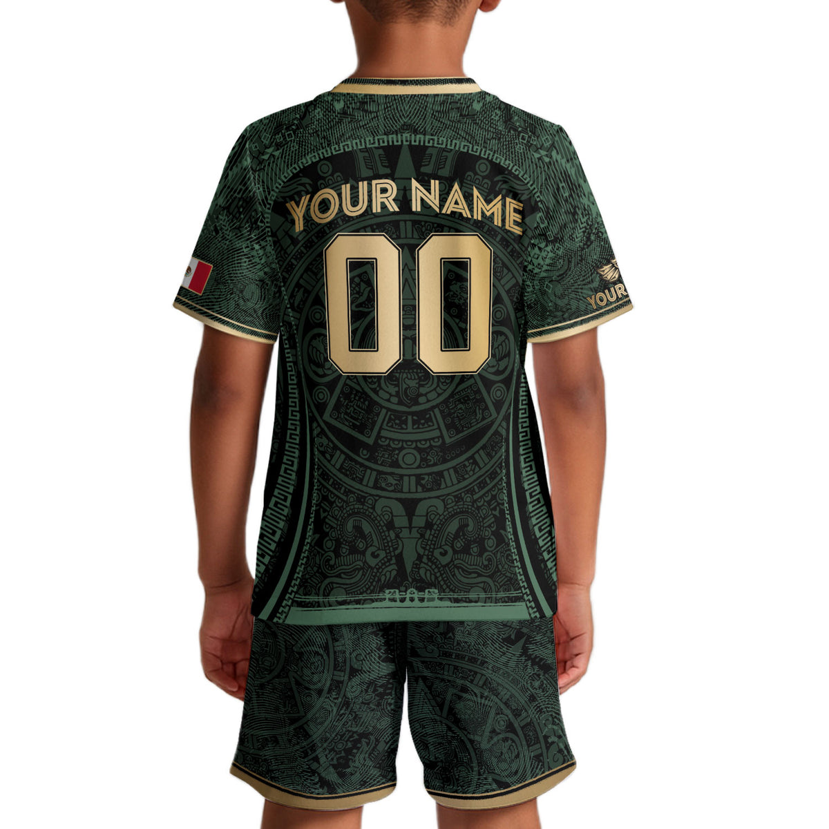 Camiseta de fútbol de México para niños personalizada, diseño de calendario azteca, verde oscuro y dorado