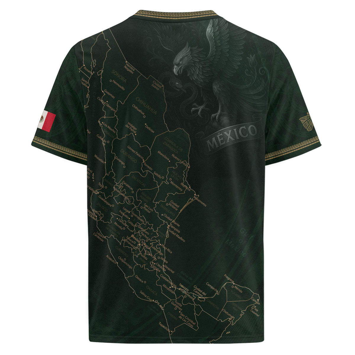 Camiseta de fútbol con diseño del mapa verde de México y orgullo azteca